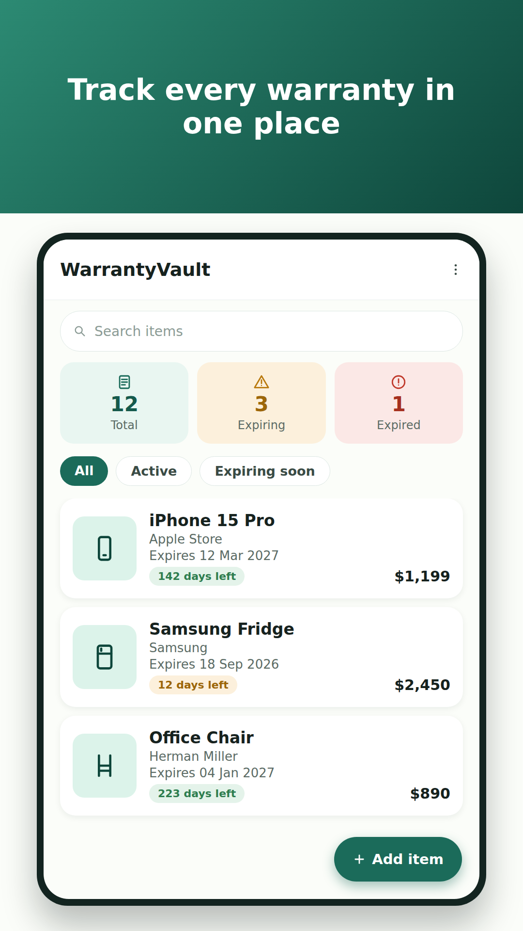 WarrantyVault home screen showing item list, stats, and filters