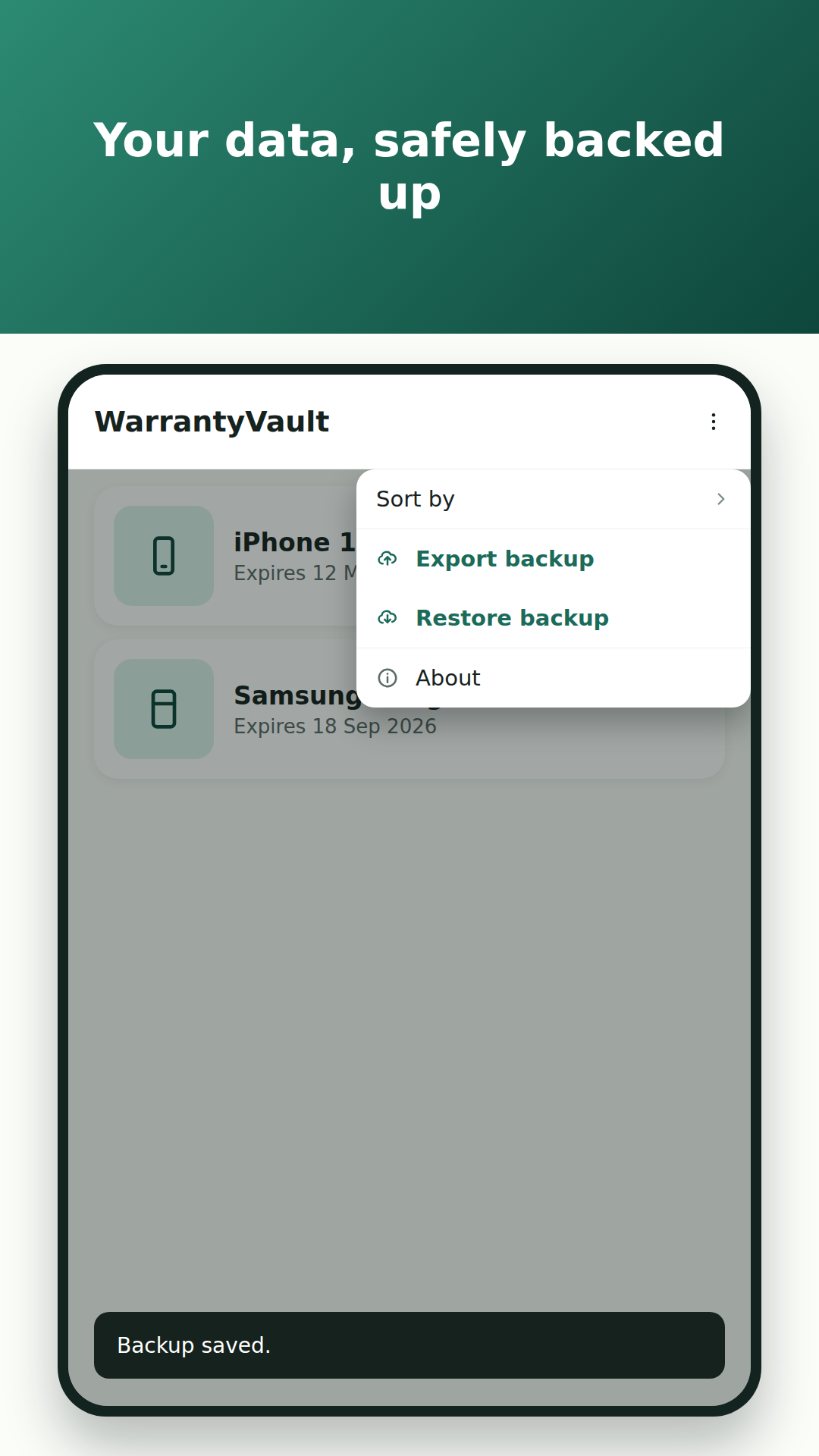 WarrantyVault backup and restore menu